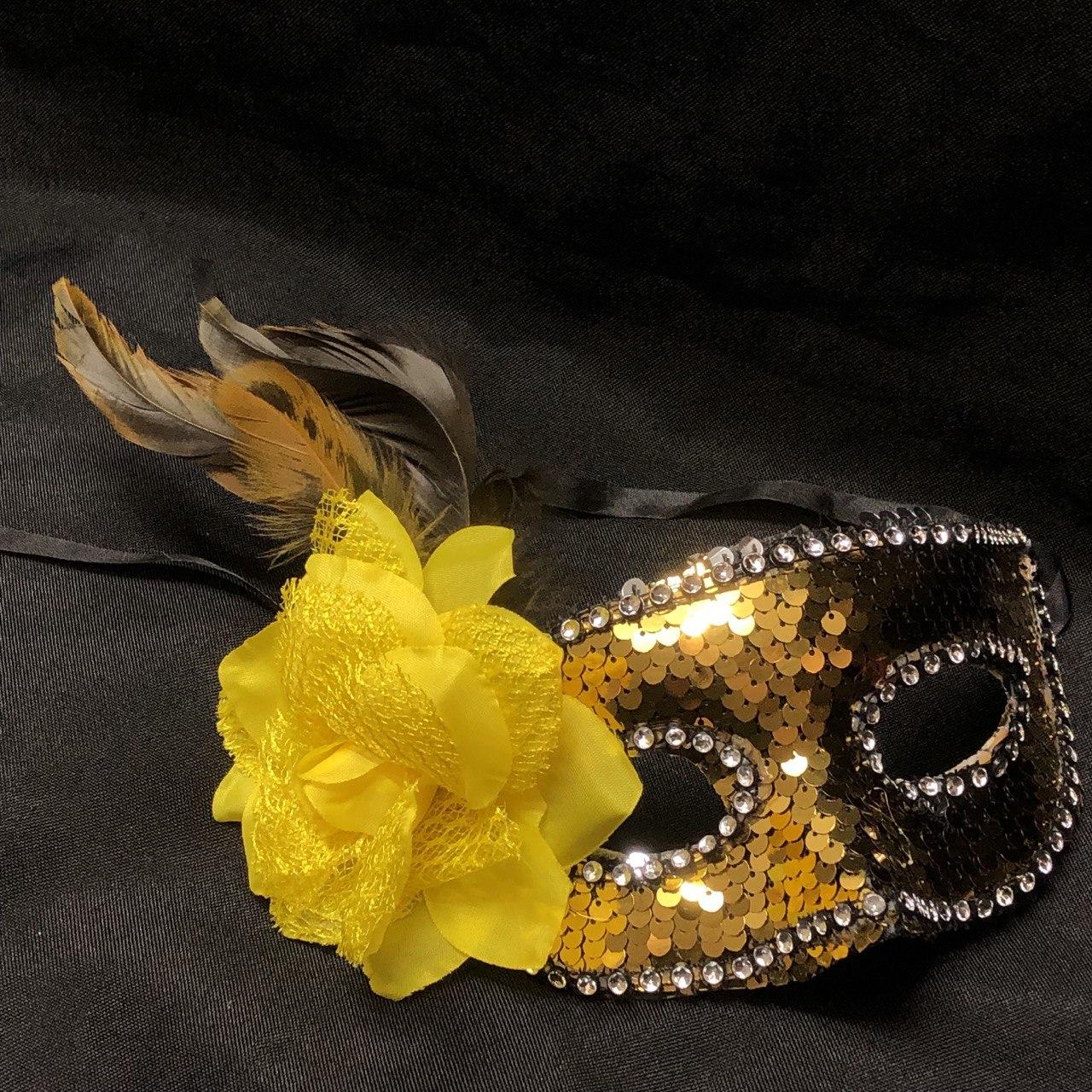 Венецианская маска, карнавальная маска, маска с пайетками желтая - фото 1 - id-p112498440