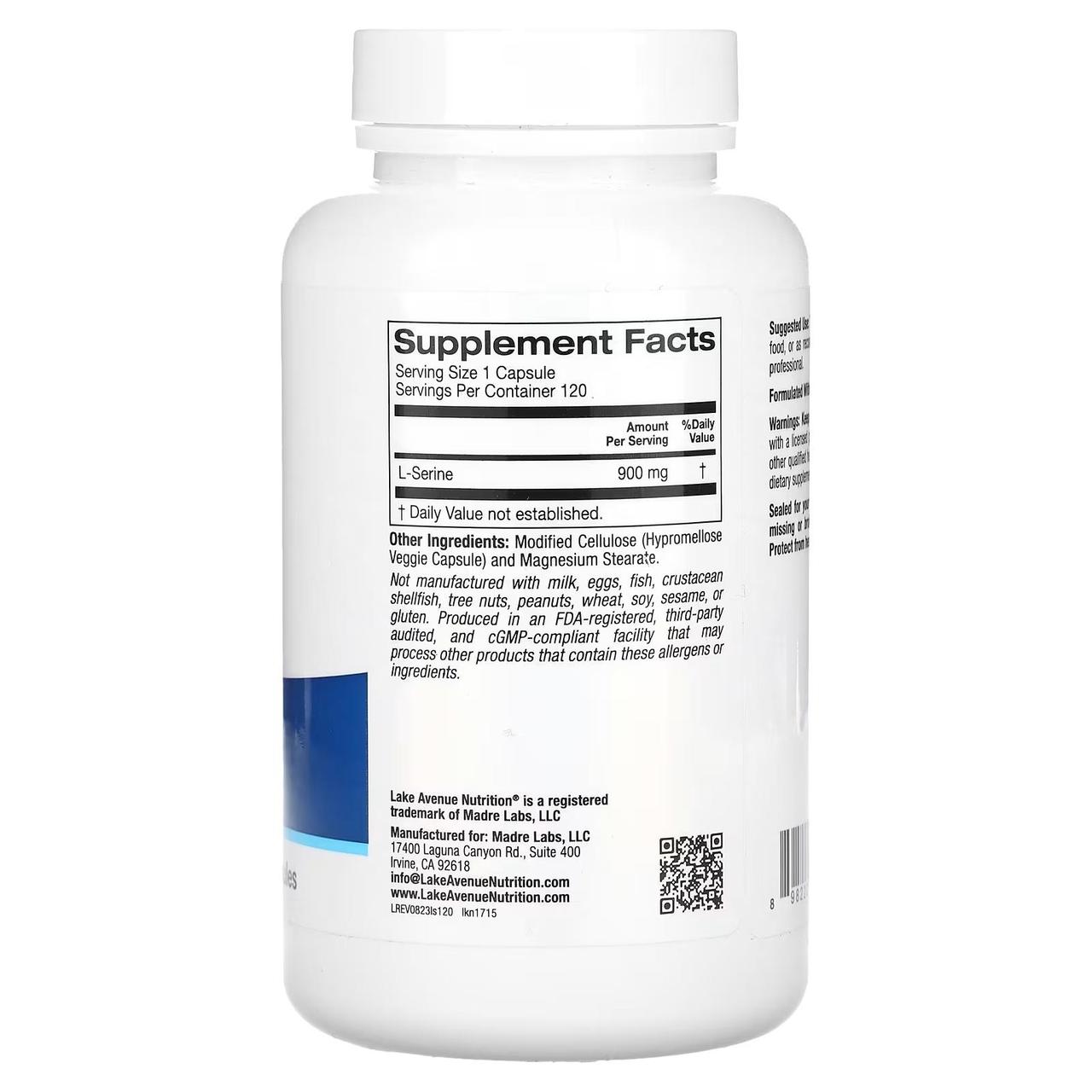 Lake Avenue Nutrition, L-серин, 900 мг, 120 капсул - фото 2 - id-p112659185