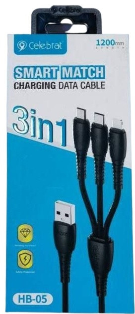 Кабель Celebrat USB 2.0 (F), USB TypeC (F), Apple Lightning, micro (M) черный - фото 1 - id-p112724687