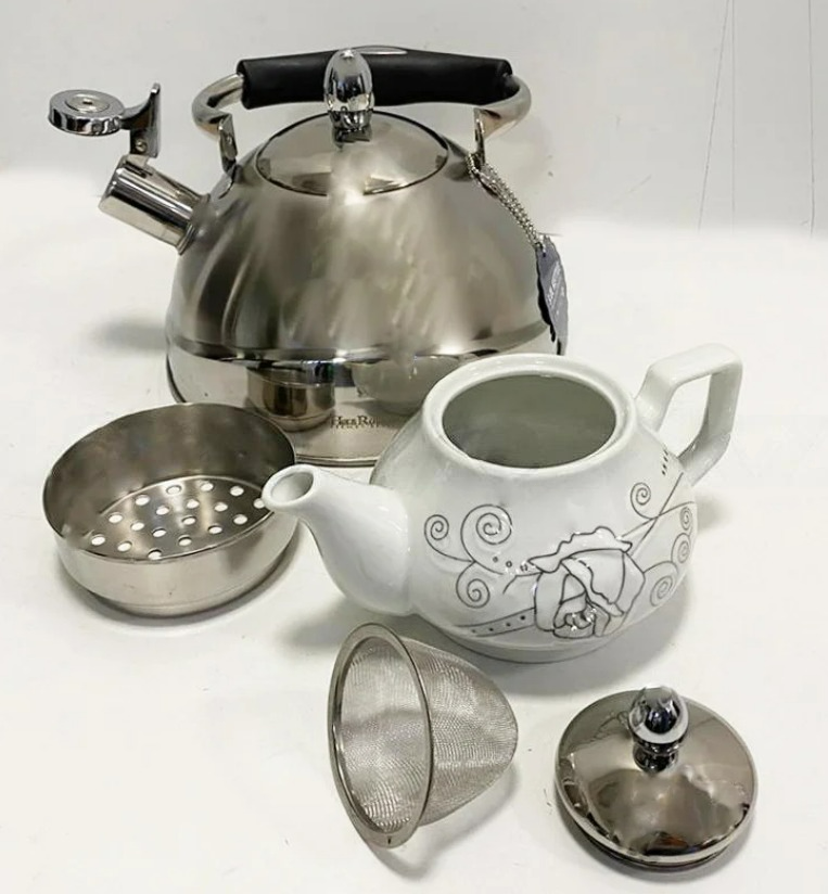 Набор чайный двойной чайник для кипячения воды со свистком и заварочный чайник с ситом керамика хромированный - фото 1 - id-p83076790
