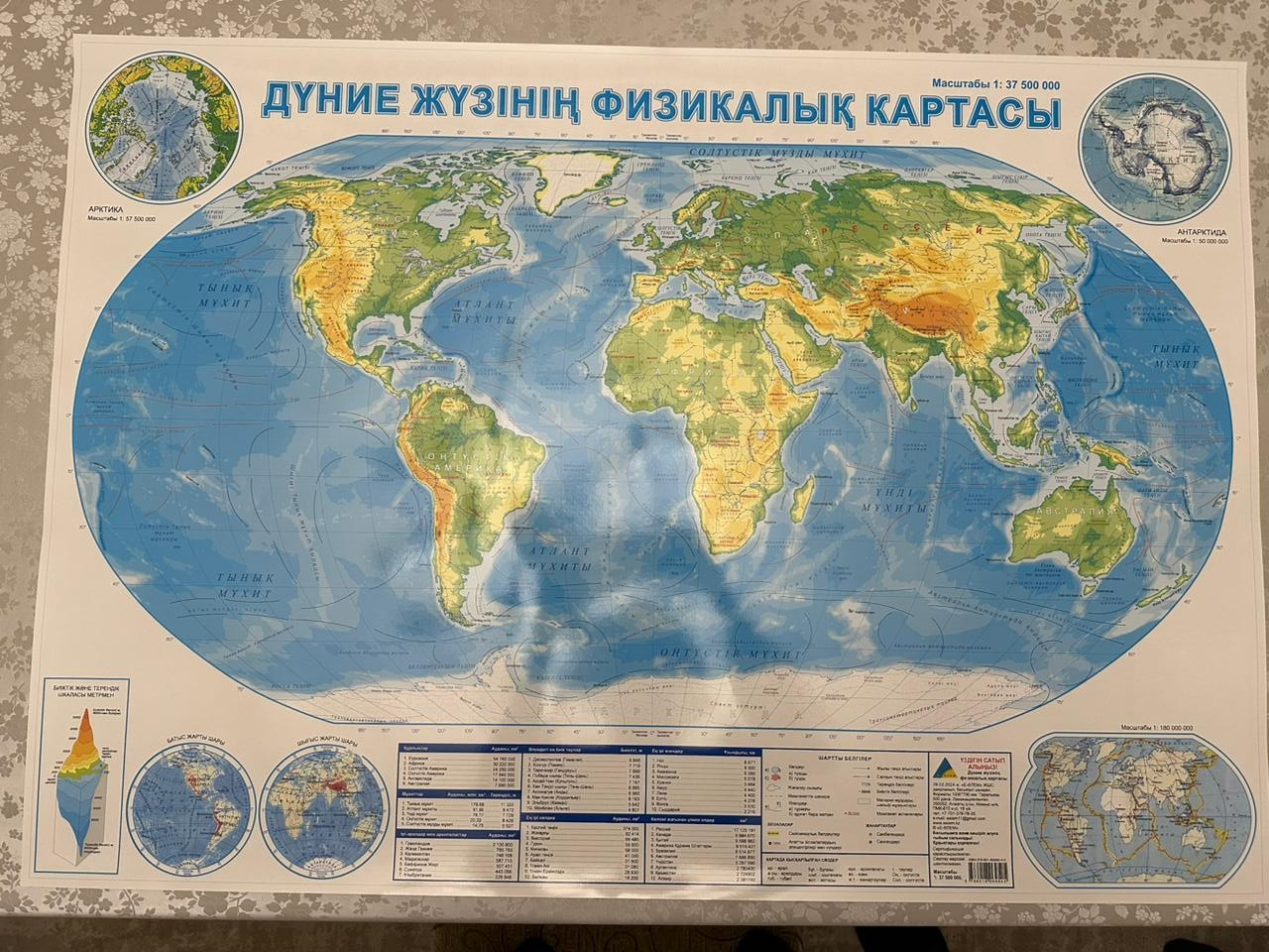 Физическая карта Мира. (на казахском языке) Размер 140х100см