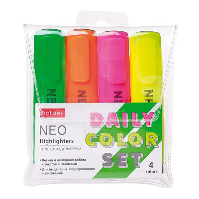 Набор текстовыделителей "Hatber Neo Neon", 1-5мм, скошенный наконечник, водная основа, 4 цвета в ПВХ-упаковке