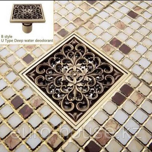 Донный трап душевой с узором 002, с водяным гидрозатвором, фото 1