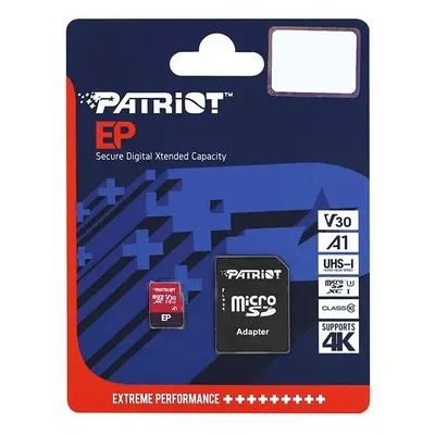 Карта памяти MicroSD Patriot EP microSDXC, 256GB, PEF256GEP31MCX, Class 10, V30, A1, +adapter