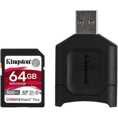 Карта памяти SD, Kingston Canvas React Plus, 64GB, SDR2/64GB, UHS-II, R300/W260 + USB Adapter
