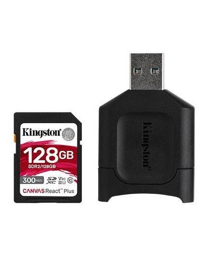 Карта памяти SD, Kingston Canvas React Plus, 128GB, SDR2/128GB, UHS-II, R300/W260 + USB Adapter