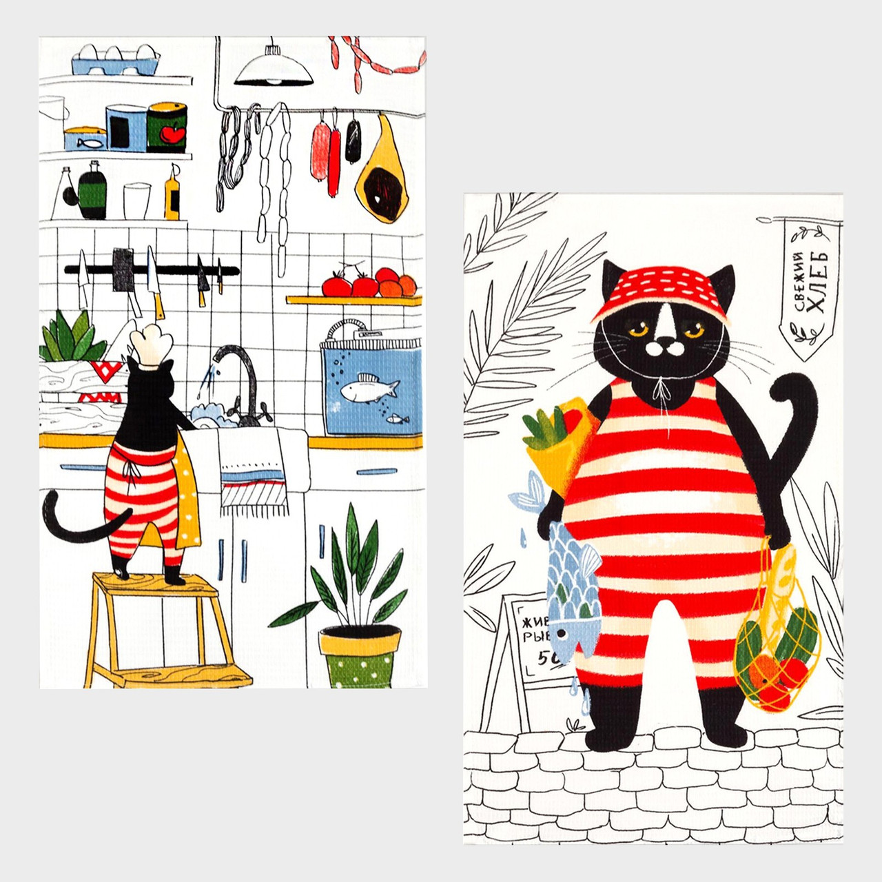 Набор полотенец кух. "Доляна" Котик на кухне 35х60см-2шт, 100% хл 5423143, фото 1