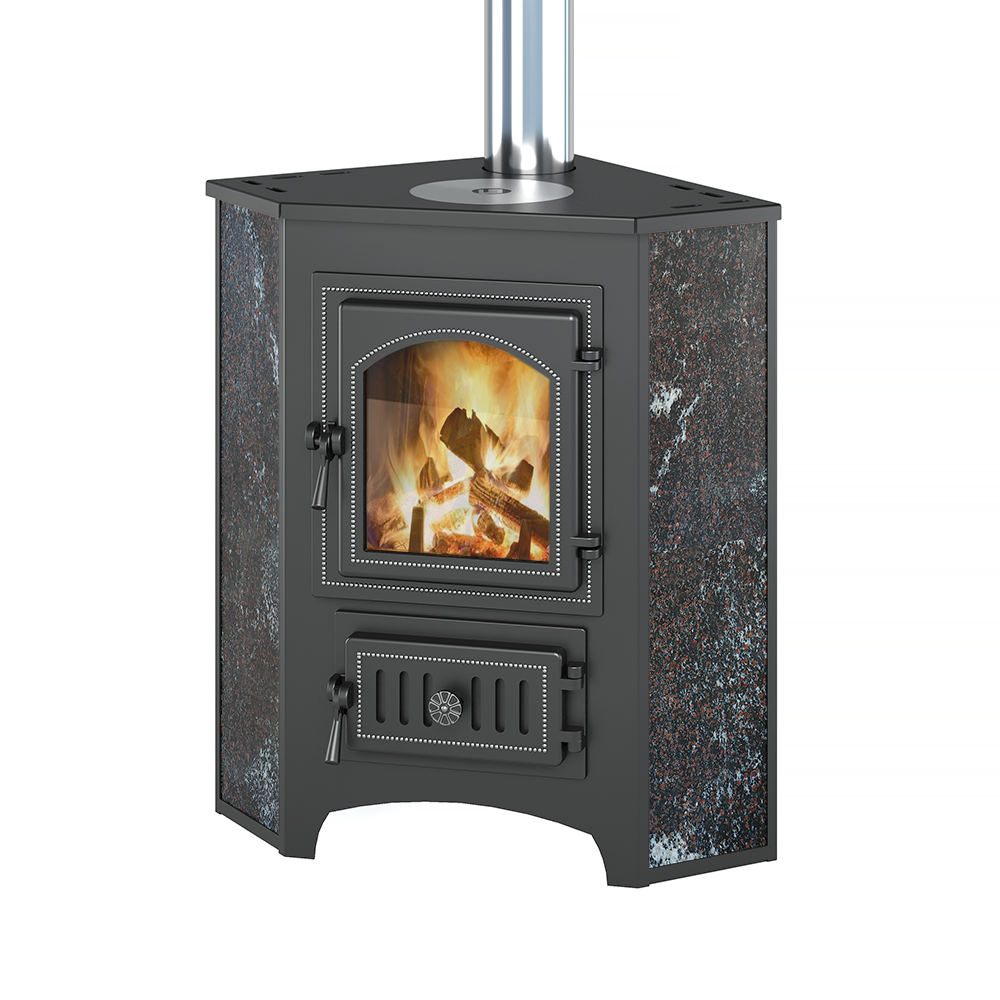 Печь-Камин ВЕЗУВИЙ ПК-01 (220) угловой, амфиболит с конфоркой 9 кВт (150 м3) Ø 115мм, фото 1