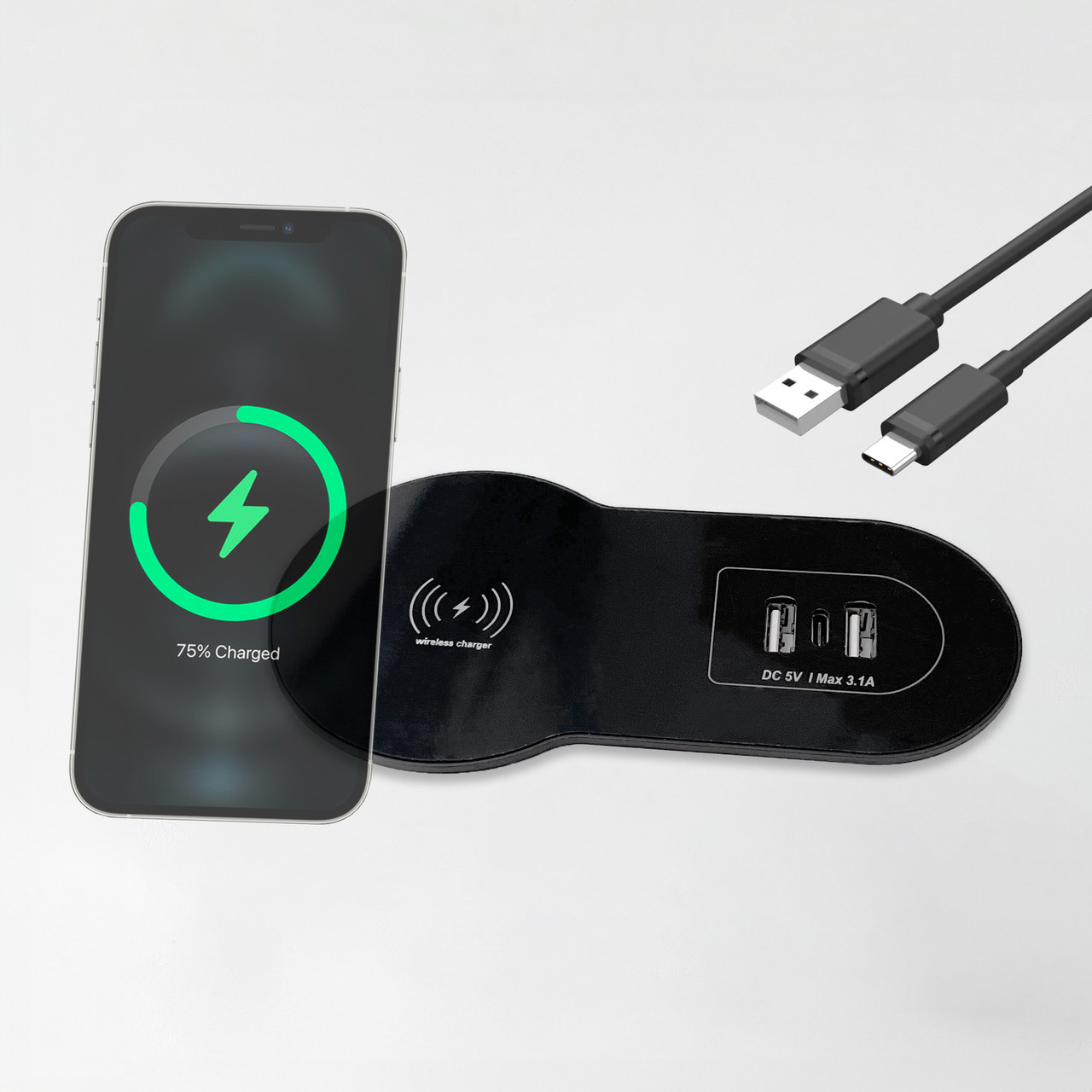 Shelbi Настольный встраиваемый бокс 2 USB, 1 Type-C, беспроводная зарядка, шнур 1,5 м., чёрный