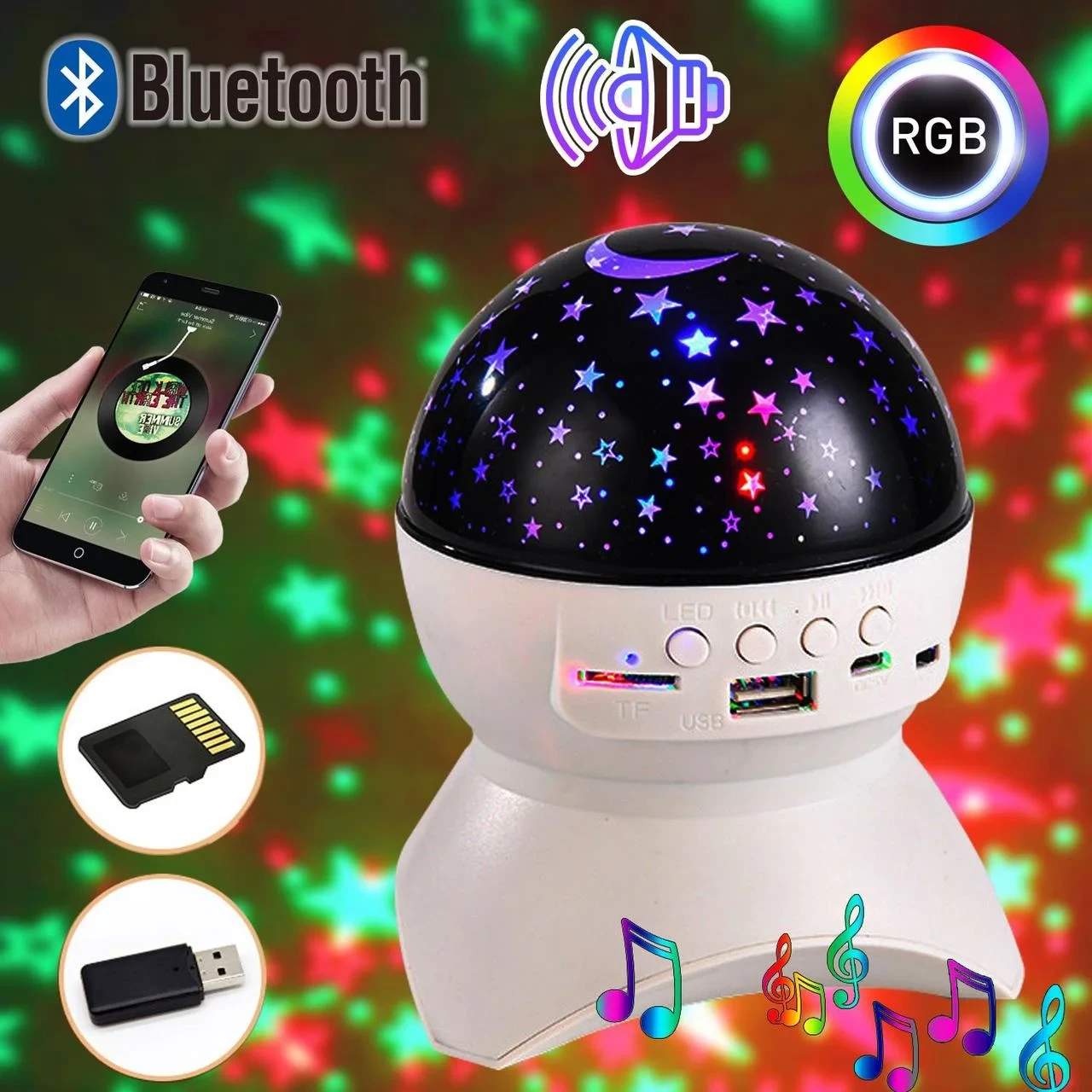 Ночник-проектор Звёздное Небо, Музыкальная колонка Bluetooth, Диско шар с usb - фото 1 - id-p112824694