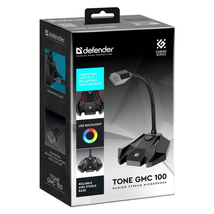 Игровой стрим микрофон Defender Tone GMC 100 USB, LED, черный - фото 2 - id-p112826066