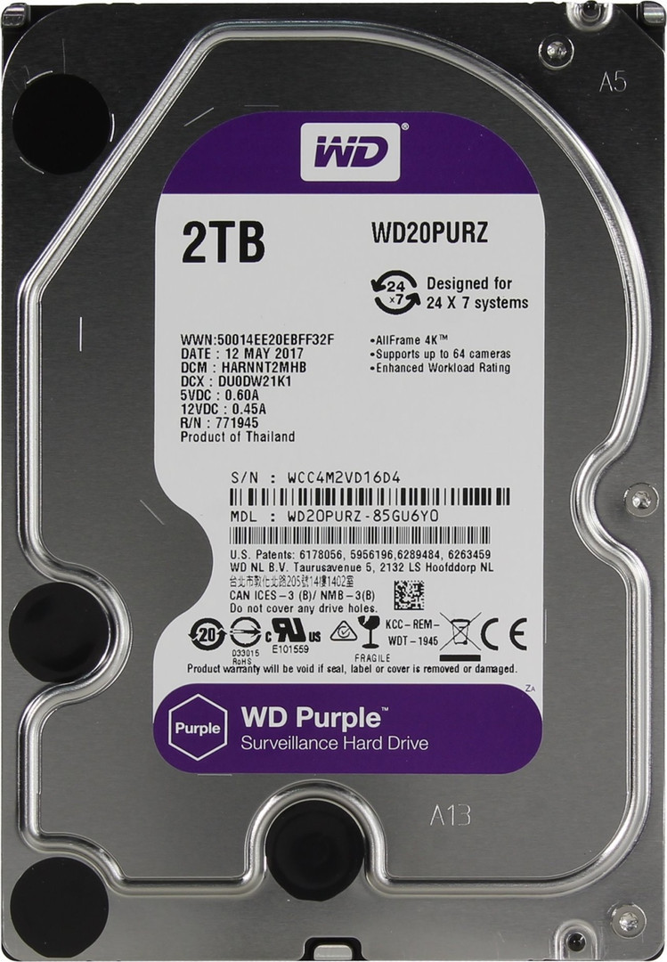 Жёсткий диск для видеонаблюдения, Western Digital, WD20PURx Purple, HDD 2Tb, SATA 6Gb/s 64Mb 3,5 - фото 1 - id-p57366609