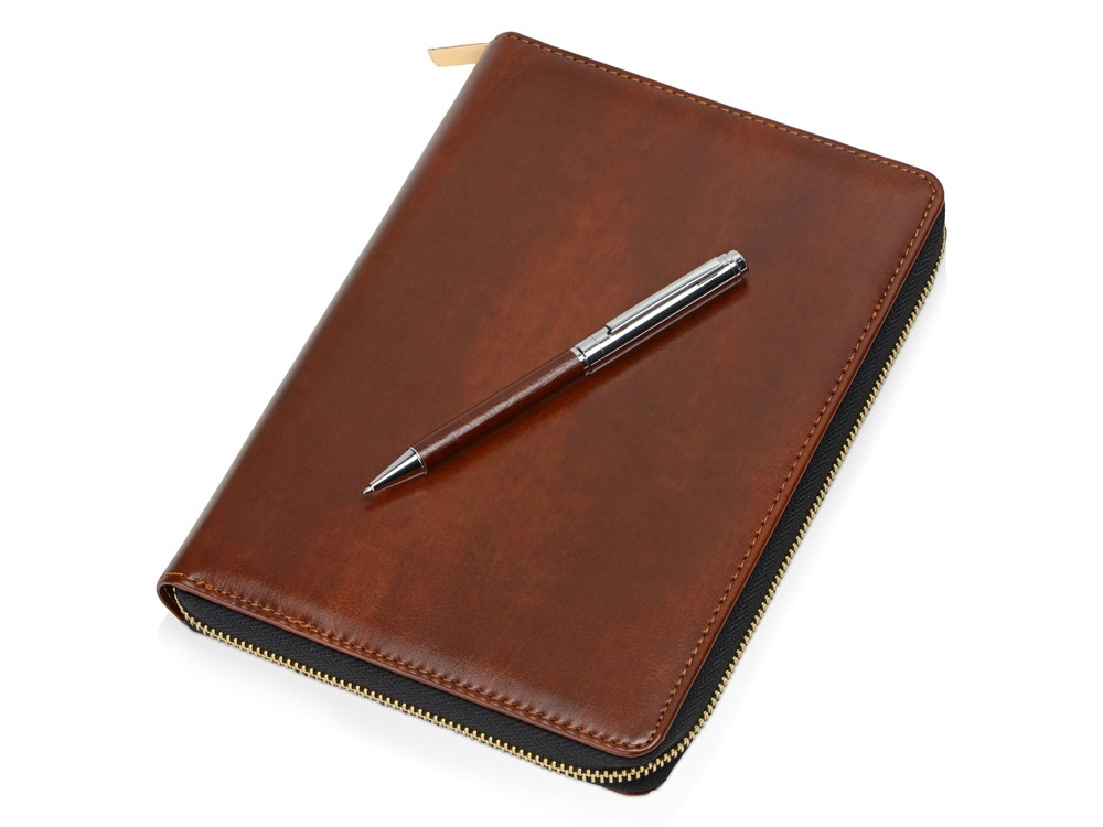 Бизнес-блокнот на молнии А5 Fabrizio с RFID защитой и ручкой, коричневый - фото 1 - id-p112916700