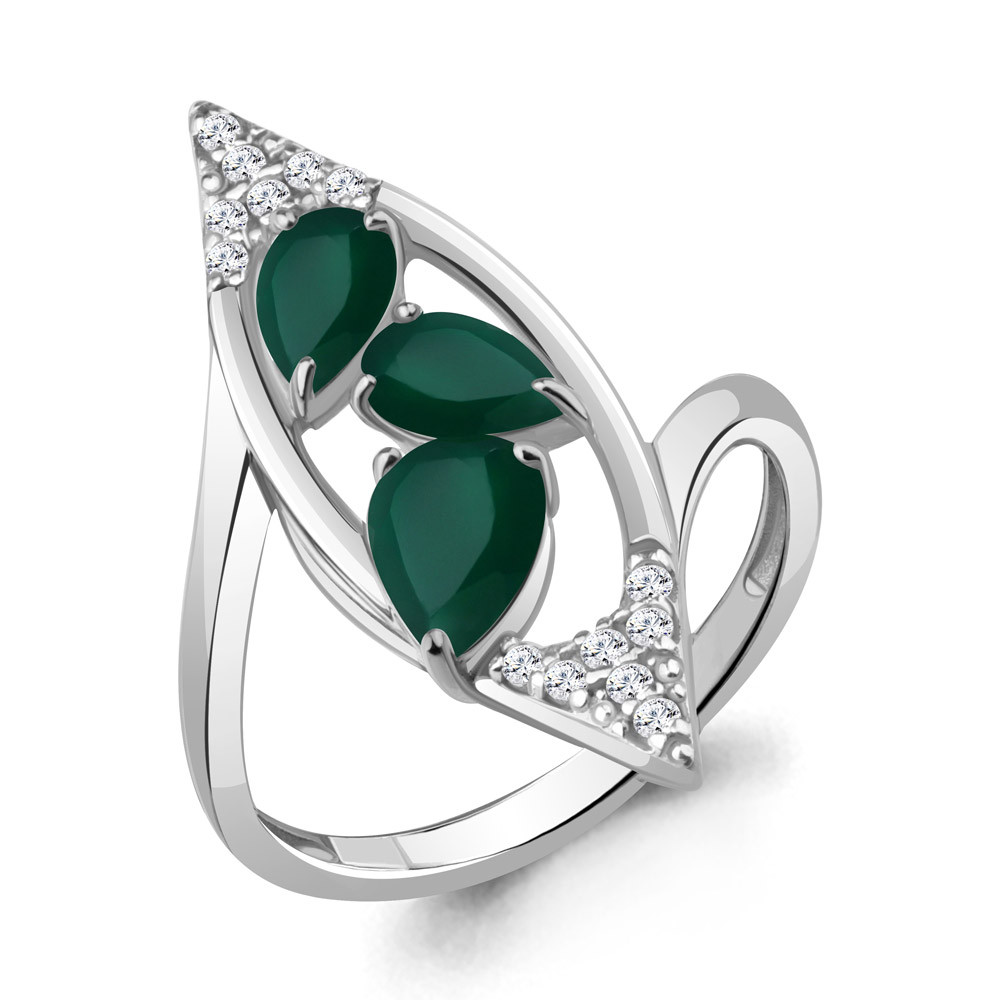 Кольцо из серебра  Агат зеленый  Фианит Aquamarine 6968909А.5 покрыто  родием