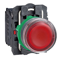 Кнопка с подсветкой, скрытый, красный, Ø22, пружинный возврат, 24 V AC/DC, 1 НО + 1 НЗ XB5AW34B5