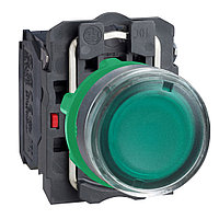 Кнопка с подсветкой, скрытый, зеленый, Ø22, пружинный возврат, 230...240 V AC, 1 НО + 1 НЗ XB5AW33M5
