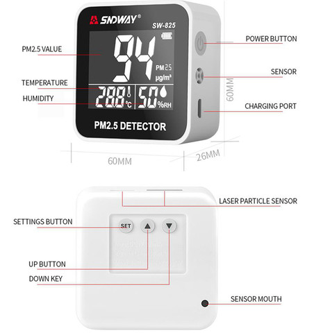 Анализатор качества воздуха цифровой с лазерным датчиком частиц SNDWAY PM2.5 Detector с USB-зарядкой - фото 3 - id-p112939840