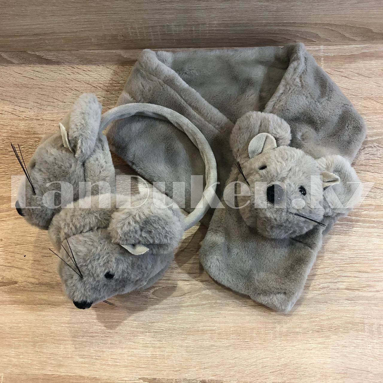 Комплект меховые наушники с тонким ободком и шарф Мышки серый - фото 2 - id-p112944881