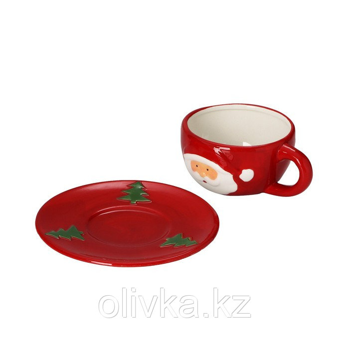 Чайная пара Доляна «Дедушка Мороз», 2 предмета: чашка 225 мл, блюдце, цвет красный - фото 2 - id-p112978700