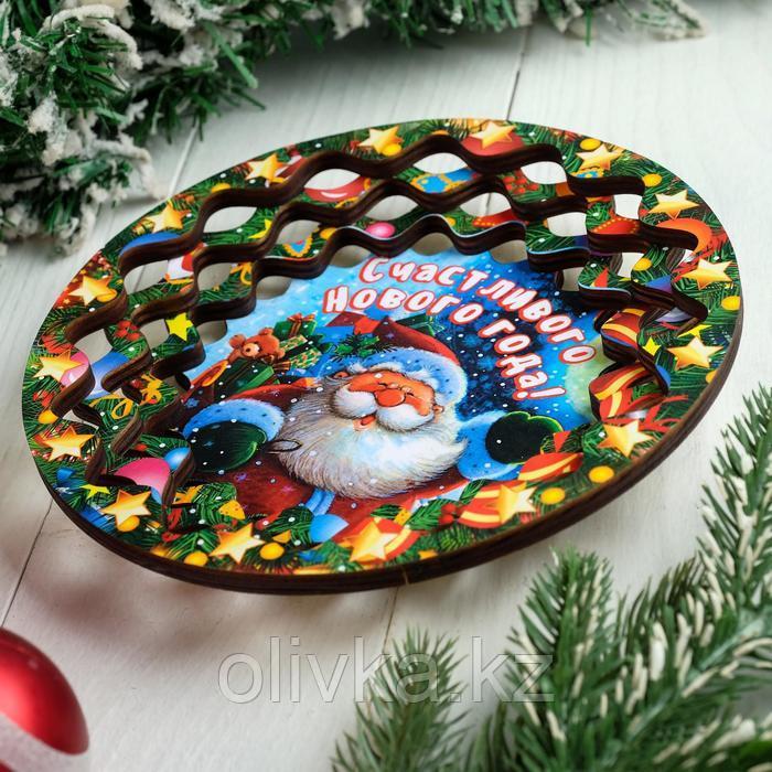 Тарелка сувенирная деревянная "Новогодний. Дед Мороз спешит на санях", цветной - фото 2 - id-p112979531