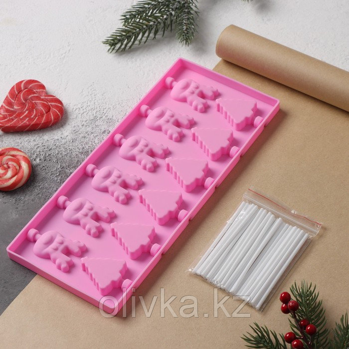 Форма силиконовая для леденцов Доляна «Новый год», 25×10,5×1 см, 12 ячеек, с палочками, цвет розовый - фото 1 - id-p112988173