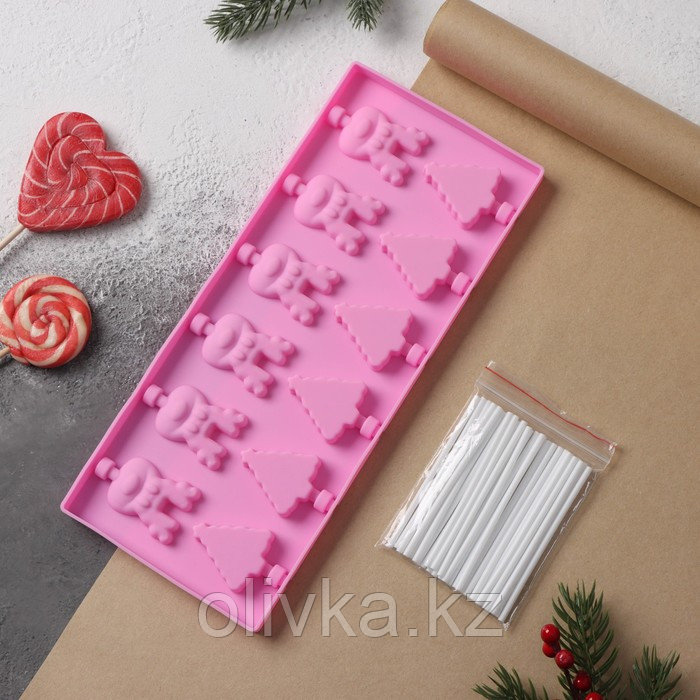 Форма силиконовая для леденцов Доляна «Новый год», 25×10,5×1 см, 12 ячеек, с палочками, цвет розовый - фото 2 - id-p112988173