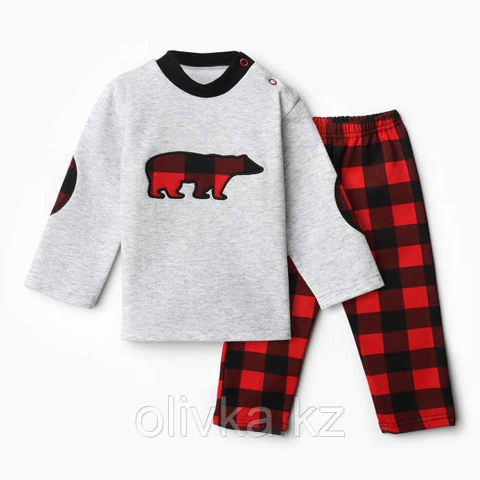 Комплект детский (кофточка, штанишки), цвет серый/медведь/красный, рост 74 см
