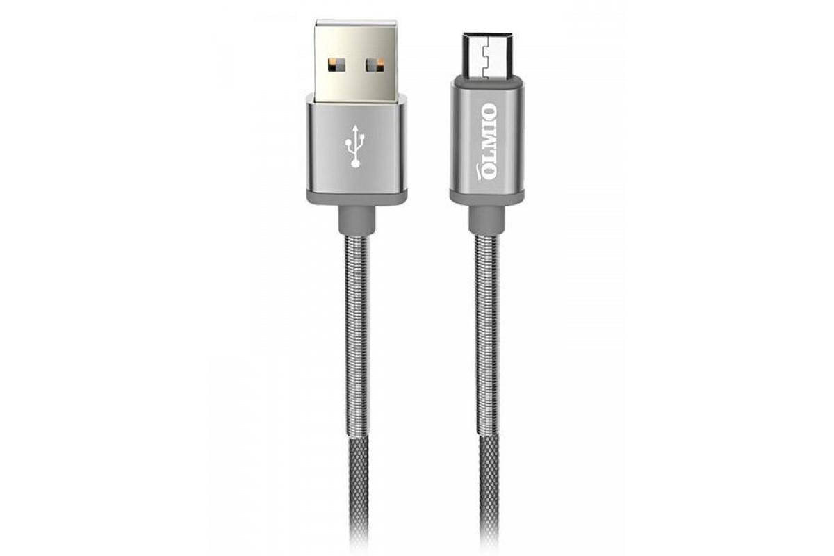 Кабель Olmio Steely, USB 2.0 - microUSB, 1.2м, 2.1A, серый