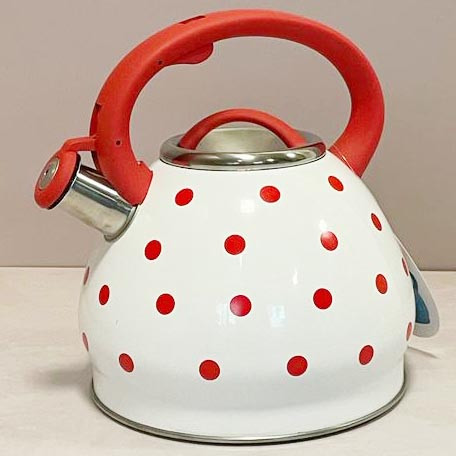 Чайник со свистком 3 л белый в красный горошек - фото 1 - id-p113009928