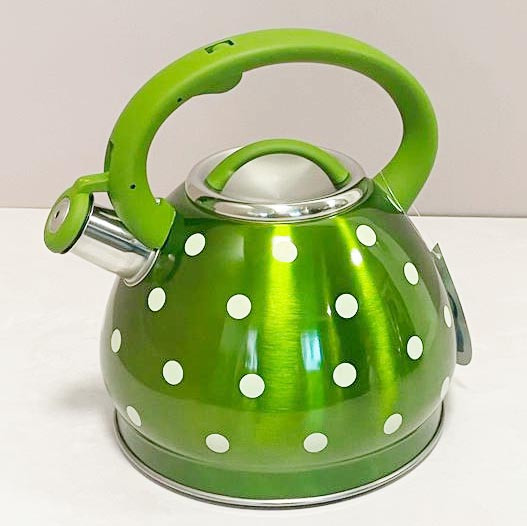 Чайник со свистком 3 л зеленый в белый горошек - фото 1 - id-p113060667
