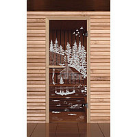 Дверь для бани и сауны стеклянная "Банька в лесу", 190х67, 6мм, бронза