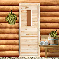 Дверь для бани и сауны деревянная со стеклом "Прямое стекло", 190×70см