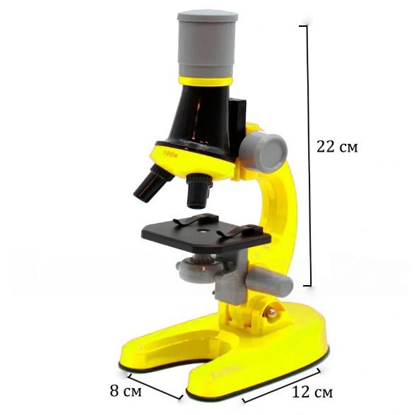 Детский Микроскоп с 3 объективами 1200х 400х 100х с приборами Scientific Microscope 1012A-1 желтый - фото 2 - id-p113226632