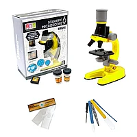 Детский Микроскоп с 3 объективами 1200х 400х 100х с приборами Scientific Microscope 1012A-1 желтый