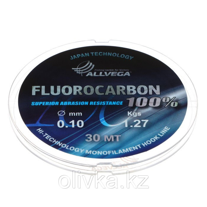 Леска монофильная ALLVEGA FX Fluorocarbon 100%, диаметр 0.10 мм, тест 1.27 кг, 30 м, прозрачная - фото 1 - id-p113234490