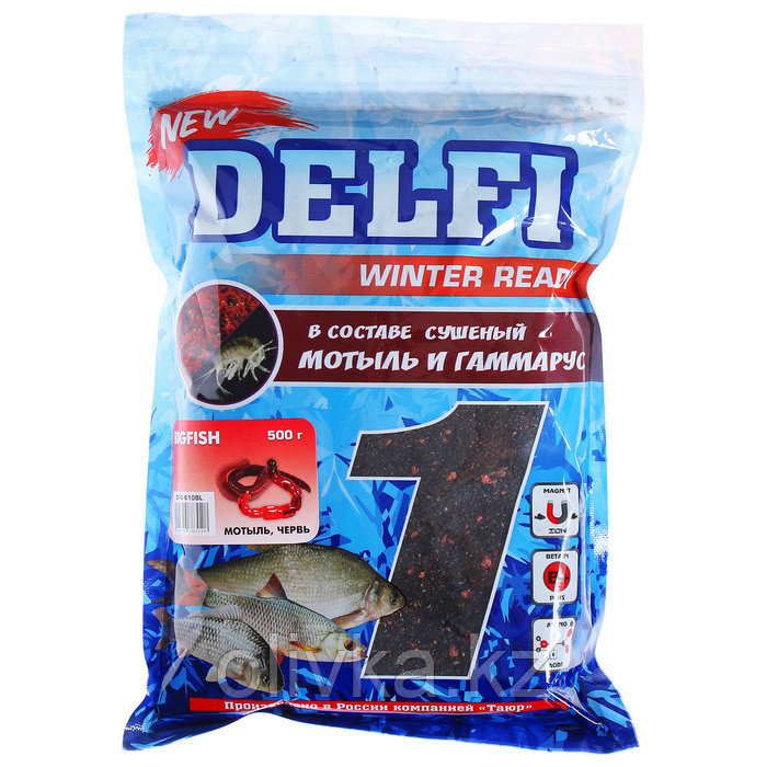 Прикормка зимняя увлажненная DELFI ICE Ready, большая рыба, мотыль/червь, 500 г