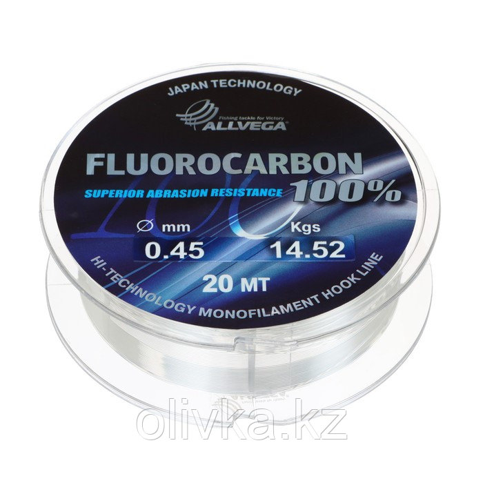Леска монофильная ALLVEGA FX Fluorocarbon 100%, диаметр 0.45 мм, тест 14.52 кг, 20 м, прозрачная - фото 1 - id-p113235761