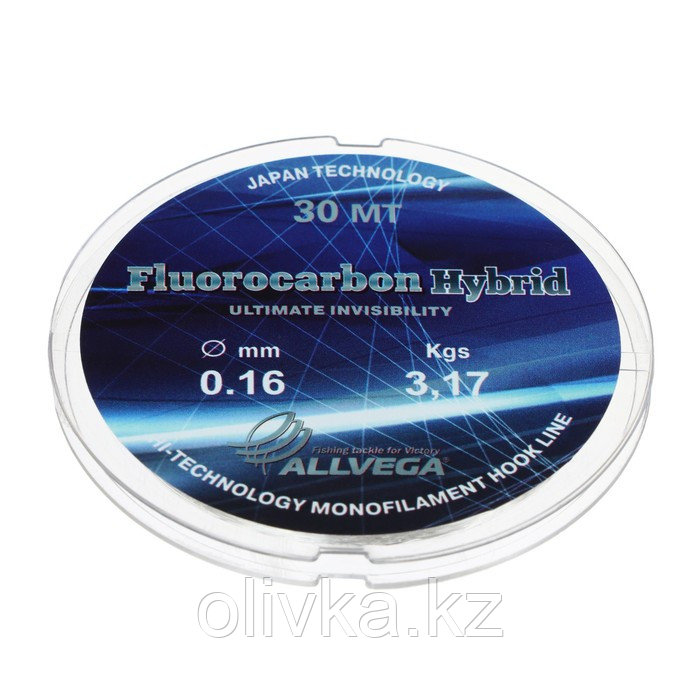 Леска монофильная ALLVEGA Fluorocarbon Hybrid, диаметр 0.16 мм, тест 3.17 кг, 30 м, флюорокарбон 65%