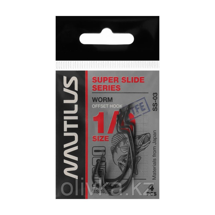 Крючок офсетный Nautilus Offset Super Slide Series Worm SS-03PTFE, № 1/0, 4 шт. - фото 1 - id-p113237472