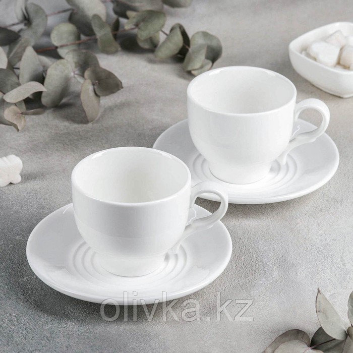 Набор фарфоровый чайный, 4 предмета: чашка 220 мл, 2 блюдца d=14 см, цвет белый - фото 1 - id-p113246046