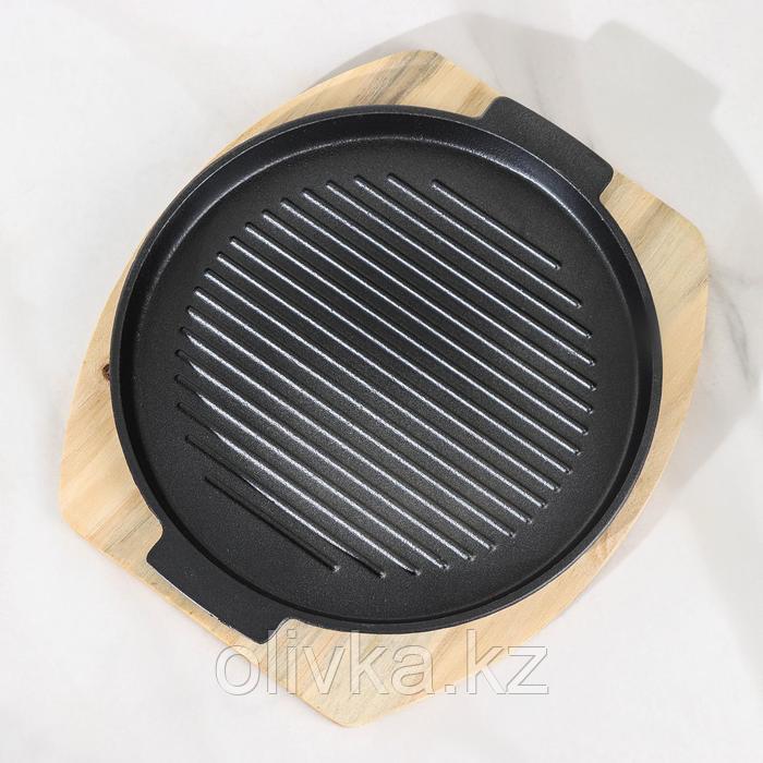 Сковорода чугунная на деревянной подставке «Круг. Гриль», 27,3×24 см, цвет чёрный - фото 2 - id-p113242425