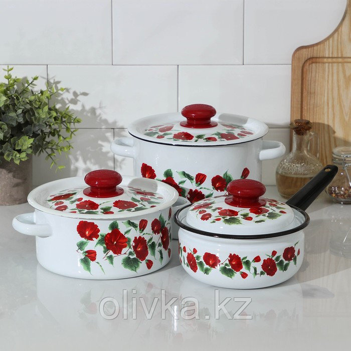 Набор посуды «Рамо», 3 предмета: кастрюли 2/3,5 л; ковш 1,5 л, эмалированные крышки, индукция, цвет белый - фото 1 - id-p113245256