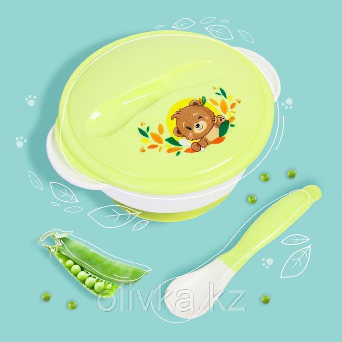 Набор детской посуды «Друзья», 3 предмета: тарелка на присоске, крышка, ложка, цвет зелёный - фото 1 - id-p113251613