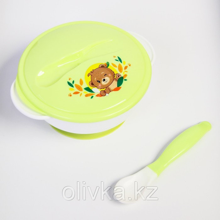 Набор детской посуды «Друзья», 3 предмета: тарелка на присоске, крышка, ложка, цвет зелёный - фото 3 - id-p113251613