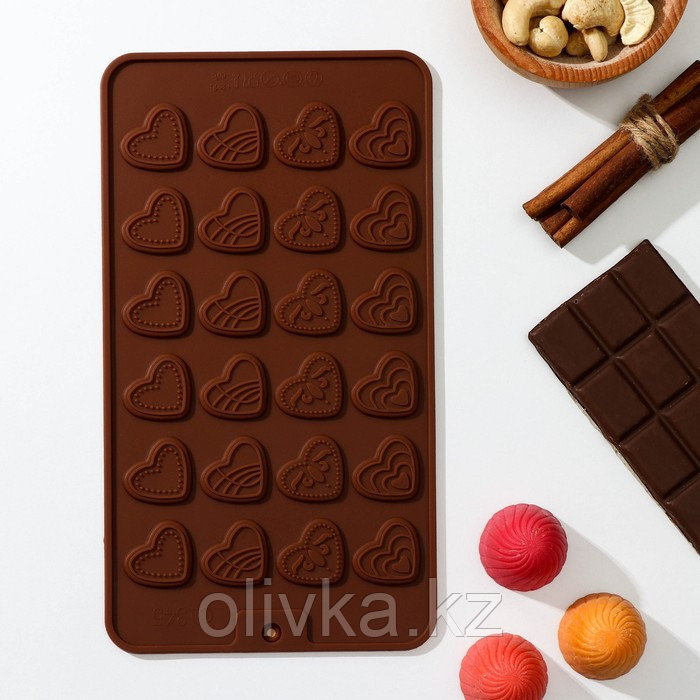 Форма силиконовая для шоколада Доляна «Сердечки», 21×11 см, 24 ячейки, цвет шоколадный - фото 1 - id-p113242488