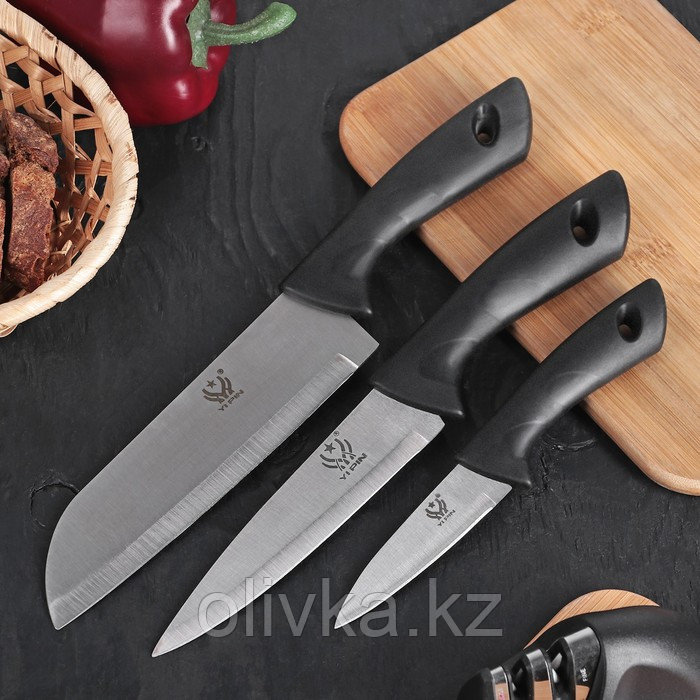 Набор кухонных ножей «Энеолит», 3 предмета: лезвие 8,5 см, 15 см, 17 см, цвет чёрный
