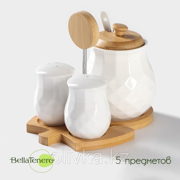 Набор фарфоровый для специй на деревянной подставке BellaTenero, 3 предмета: солонка 150 мл, перечница 150 мл, - фото 1 - id-p113251721