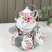 Сервиз керамический чайный на металлической подставке Доляна «Томная роза», 13 предметов: 6 чашек 230 мл, 6