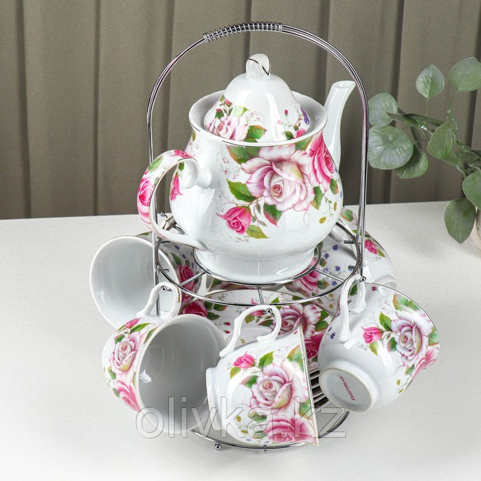 Сервиз керамический чайный на металлической подставке Доляна «Томная роза», 13 предметов: 6 чашек 230 мл, 6 - фото 2 - id-p113242517
