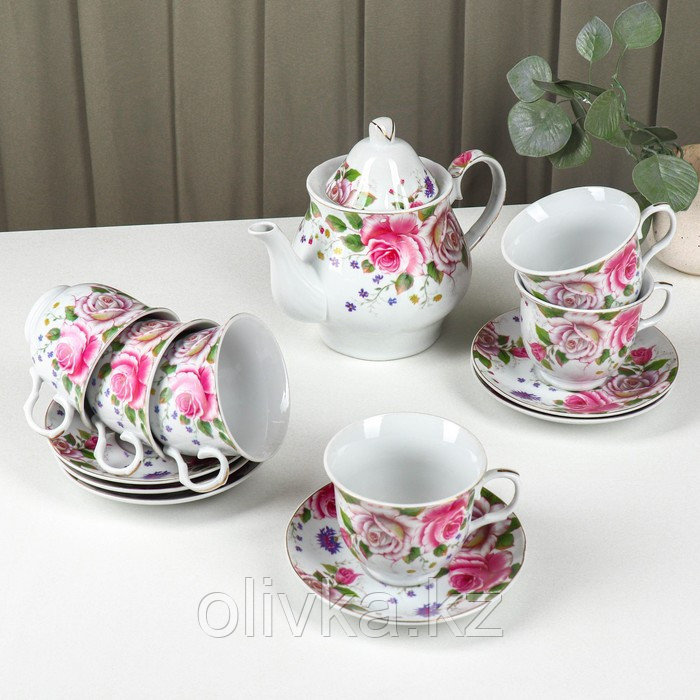 Сервиз керамический чайный на металлической подставке Доляна «Томная роза», 13 предметов: 6 чашек 230 мл, 6 - фото 3 - id-p113242517